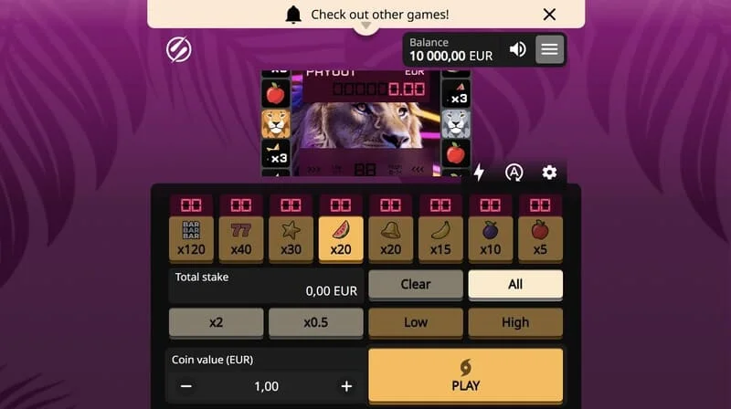 Lion Zama Fruits Bonus Spins - pantalla principal de la máquina de frutas con imagen de león de la serie African Big 5